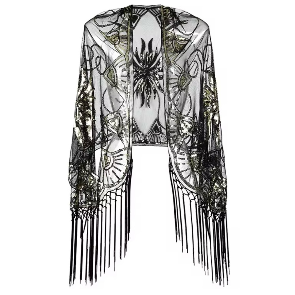 Black and Gold Embroidered Fringe Shawl